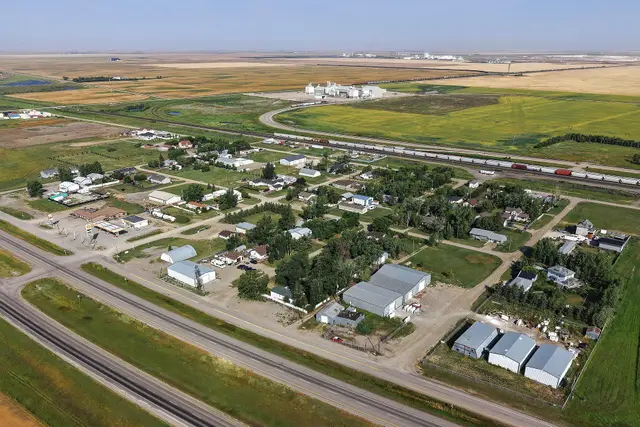 Aerial view of Belle Plaine and the Trans-Canada Highway